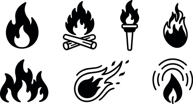 Flat design set of eight black fire icons including campfire torch blaze flame burst meteor streak simple vector symbols silhouettes