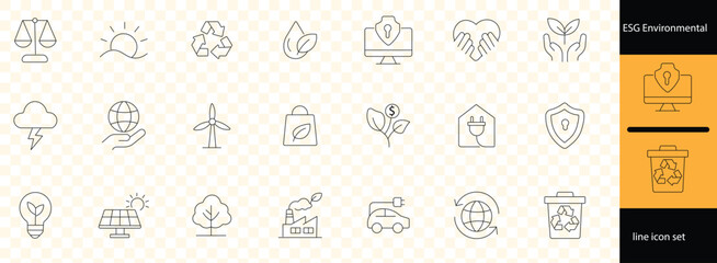 ESG icon set illustrating sustainability, environmental responsibility, social impact, and corporate governance concepts in clean outline style for finance and business