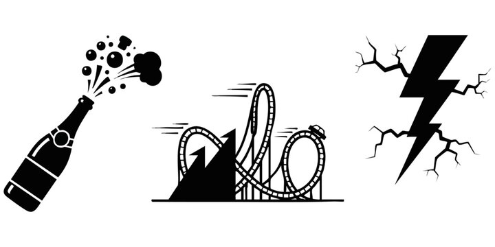 High Energy and Celebration Vector Pack - Popping Champagne Bottle, Roller Coaster Loop, and Lightning Bolt Icons