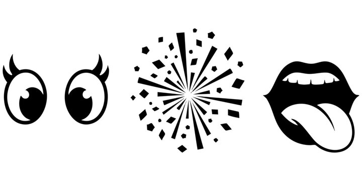 Retro Comic Pop Art Vector Set - Cartoon Eyes, Abstract Explosion Spark, and Mouth with Tongue Out Silhouette