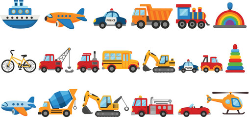 Transportation and Construction Vehicle Icon Set with Airplane Helicopter Truck Train Bus Police Car Excavator and Toy Vehicles Vector Illustration. © MstSuborna