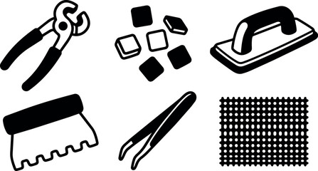 Plakat Flat design close up set of tiling tools with pliers tile spacers grout float notched trowel tweezers mesh silhouette icons