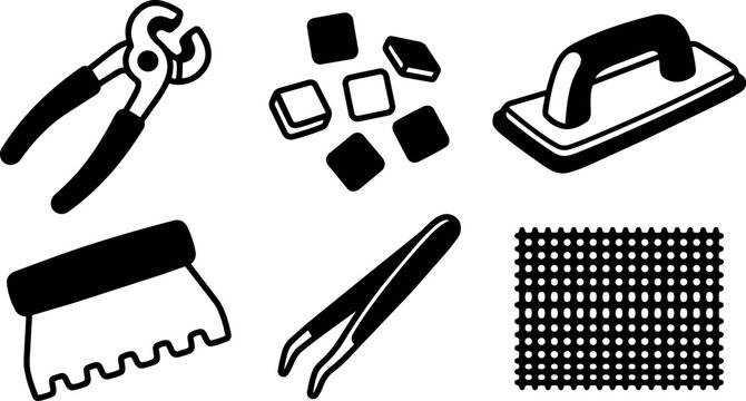Flat design close up set of tiling tools with pliers tile spacers grout float notched trowel tweezers mesh silhouette icons