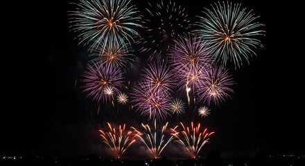 Colorful Night Fireworks Display Over Dark Sky Celebration.