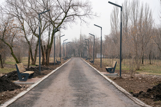 A newly renovated park pathway with modern streetlights and wooden benches. The ground around the new installations is bare earth, indicating ongoing landscaping and early spring season.