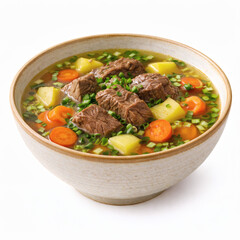 Fototapeta premium Beef Vegetable Clear Soup in Ceramic Bowl on White Background for Healthy Homemade Meal Menu