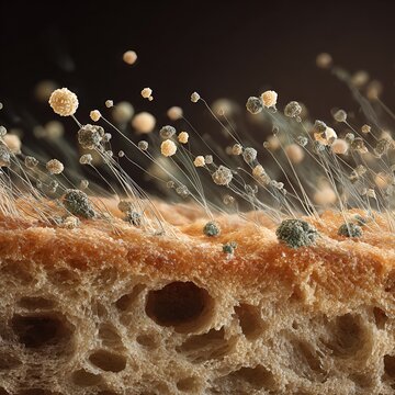 mold growing on bread surface, fungal hyphae and spores on porous crumb texture
