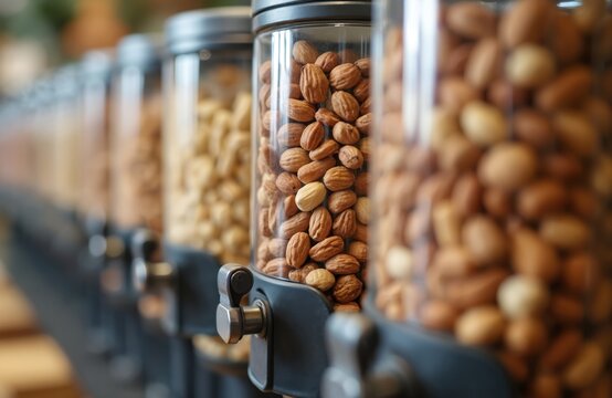 Row of bulk food dispensers filled with nuts and seeds in a store. Customers select healthy snacks from clear containers. Zero waste shopping concept for eco friendly lifestyle.