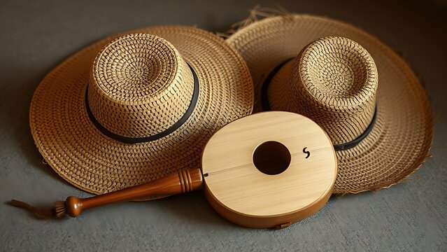 berimbau. A single berimbau instrument next to an inverted straw hat, a simple and cultural still life. event programs, museum guides, designed for cultural heritage projects and event programs.