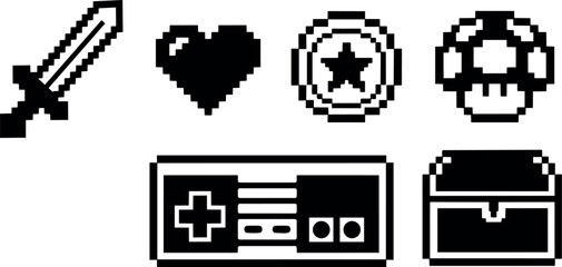 Fototapeta premium Pixel art 8 bit retro game icons sword heart coin mushroom controller chest close up top view on white background