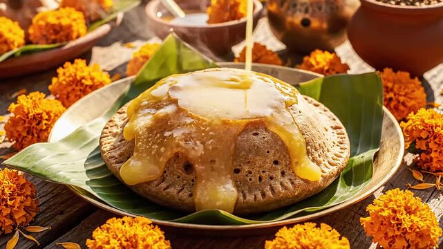 Puran poli sweet bread drizzled with golden ghee on a banana leaf, surrounded by vibrant marigold flowers for traditional indian festival celebrations.