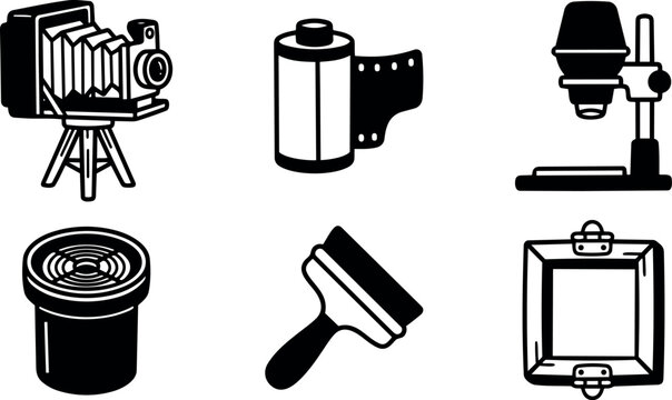 Flat design line art camera and darkroom icons large format camera film canister developing tank squeegee frame microscope close up