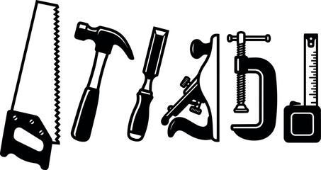 Fototapeta premium Flat design close up row of classic hand tools saw hammer chisel plane clamp tape measure black silhouette stacked workshop