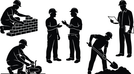 Construction workers silhouettes set including bricklayer building wall, engineer reading blueprint, labor digging ground, builder discussing project vector