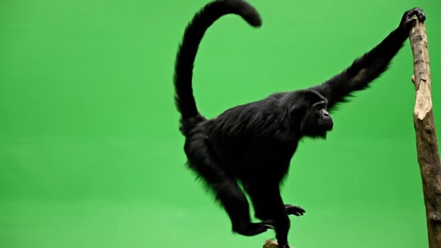 A black monkey with a long tail hangs onto a tree branch against a vibrant green screen background.