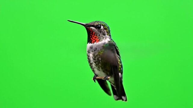 Close-up of a ruby-throated hummingbird perched on a branch against a vibrant green screen background.