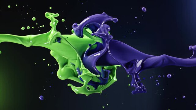 Vibrant green and purple liquid splash on dark background.