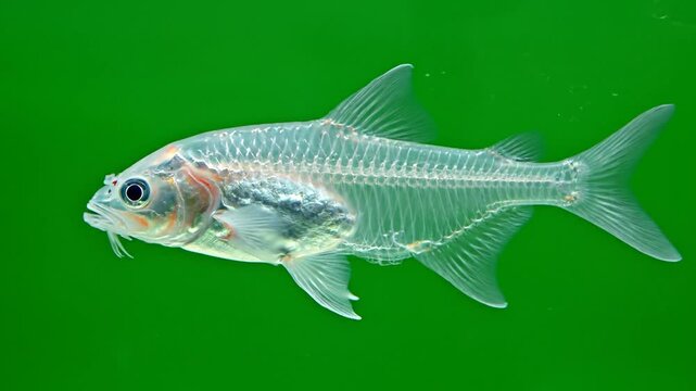 A transparent fish with visible skeleton and internal organs swimming against a vibrant green background.