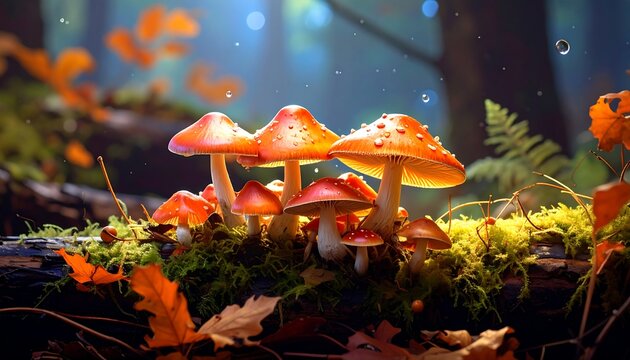 A close-up of vibrant orange mushrooms on a mossy log