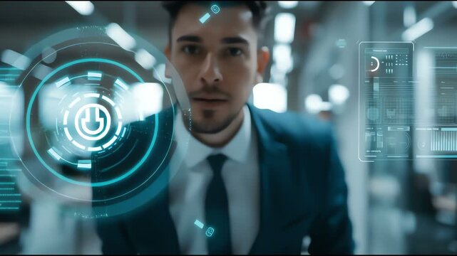 Businessman interacting with futuristic digital power button technology interface in office