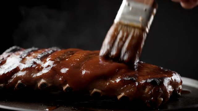 A close-up shot of a brush applying rich barbecue sauce onto a steaming rack of grilled pork ribs.