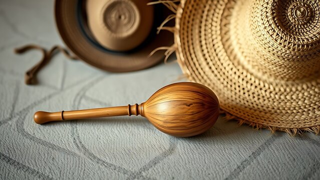 berimbau. A single berimbau instrument next to an inverted straw hat, a simple and cultural still life. event programs, museum guides, designed for cultural heritage projects and event programs.