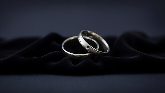 electroluminescence. Two silver wedding bands overlapping on dark velvet fabric. lifestyle magazines, social media lookbooks, designed for lifestyle magazines and social media content.