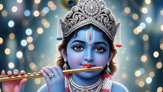 Krishna playing flute with ornate crown and jewelry in festive atmosphere