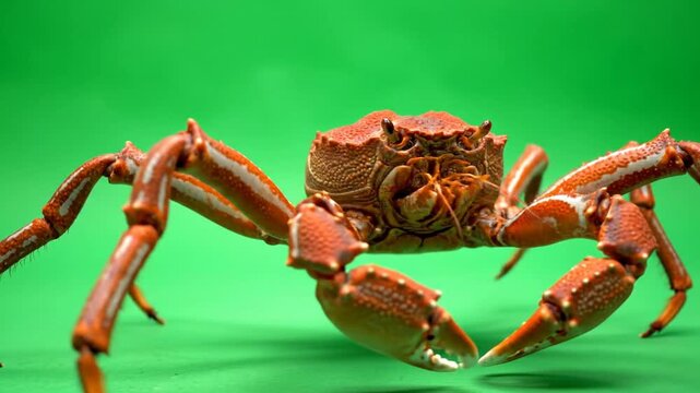 A large, reddish-brown crab with long legs against a vibrant green background, showcasing its detailed shell and claws.