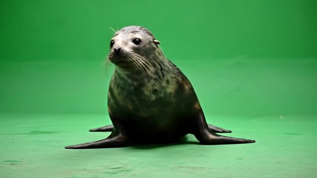 A young grey seal pup sitting upright on a vibrant green screen background in a studio setting.