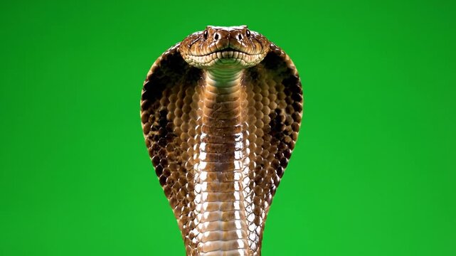 Close-up front view of a majestic cobra with its hood spread, against a vibrant green screen background, showcasing its intricate scales and watchful eyes.