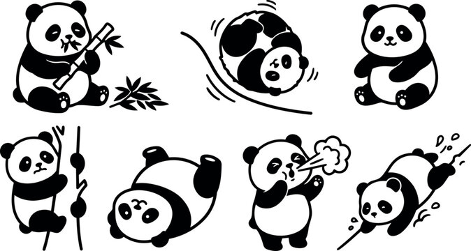 Cartoon panda icon set showing seven playful poses including eating climbing rolling sliding sneezing and resting in flat vector illustration