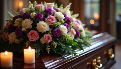 Obraz premium Casket with colorful flower arrangement and lit candles on top. Floral decor adorns coffin during solemn memorial service. Symbolizes love, loss, grief and remembrance.