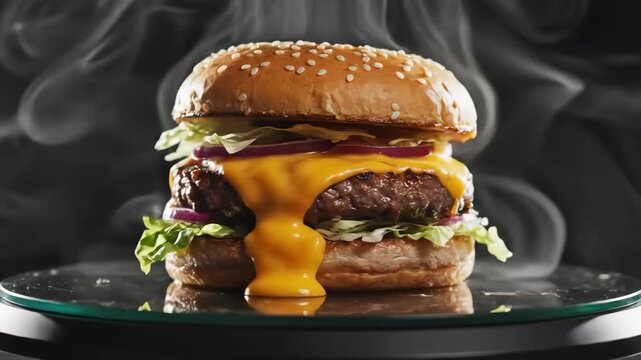 Delicious Double Cheeseburger with Melted Cheese and Smoke on a Glass Plate.