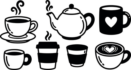 Obraz premium Flat icon set black and white line art coffee cups teapot set close up top view simple vector scalable icons