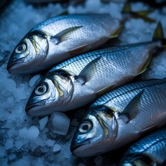 Obraz premium Fresh raw fish on ice for seafood market and restaurant mockup