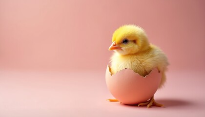 Cute yellow chick emerges from pink eggshell. Small fluffy bird hatches, symbolizing new life and spring. Adorable poultry baby sits in pastel background.