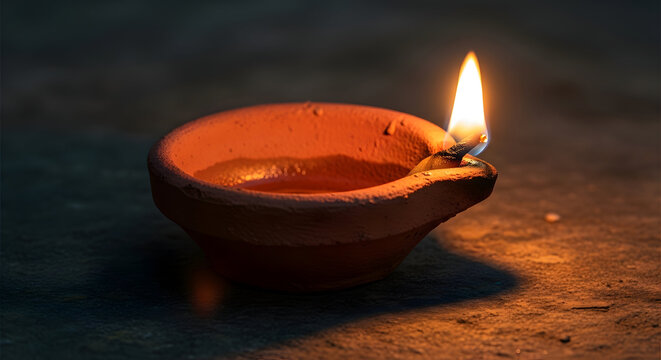 Simple, traditional terracotta oil lamp (Diya) with cotton wick and warm flame. Texture is rough, realistic raw clay. Authentic festive lighting.
