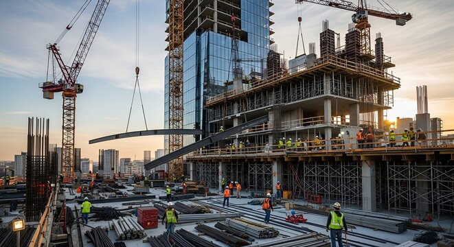 A bustling construction site with workers and cranes building a modern skyscraper in an urban environment