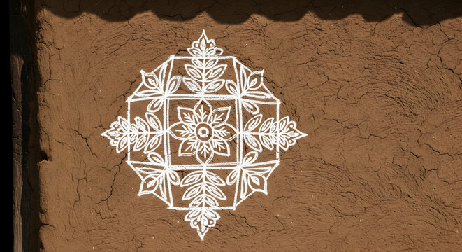 Section of a textured brown mud wall with a simple white chalk Rangoli painted on it. Authentic village house aesthetic. Traditional rural art.
