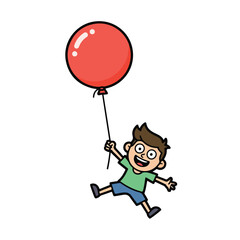 Fototapeta premium happy child flying with big red balloon outdoors