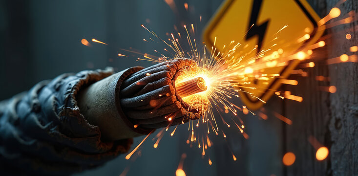 Damaged electrical cable sparks near high voltage warning sign. Exposed conductor poses severe risk of shock and fire. Danger, safety alert, energy hazard.