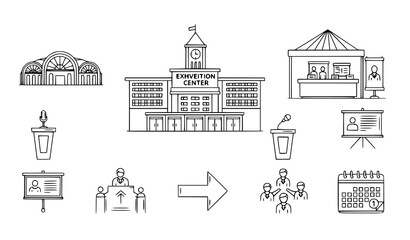 Obraz premium A vector graphic illustration of an exhibition center with various icons