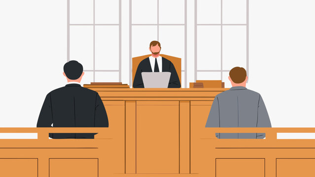 Flat vector illustration of a high angle view of a courtroom with a judge and two defendants sitting at a desk with a laptop in a modern and minimalist setting