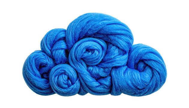 Close-up of intensely blue, thick yarn piled into an organic cloud shape against a stark black background