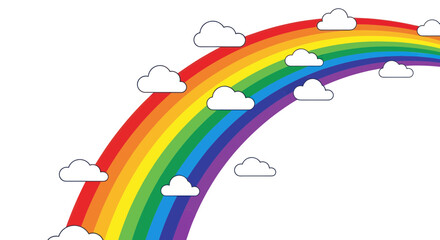 Vibrant Rainbow Arch with Fluffy Clouds Against White Background