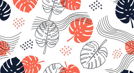 Vibrant tropical leaf pattern with modern artistic lines and shapes