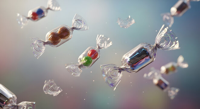 Variety of colorful sweets in transparent plastic wrappers drifting through a bokeh light field