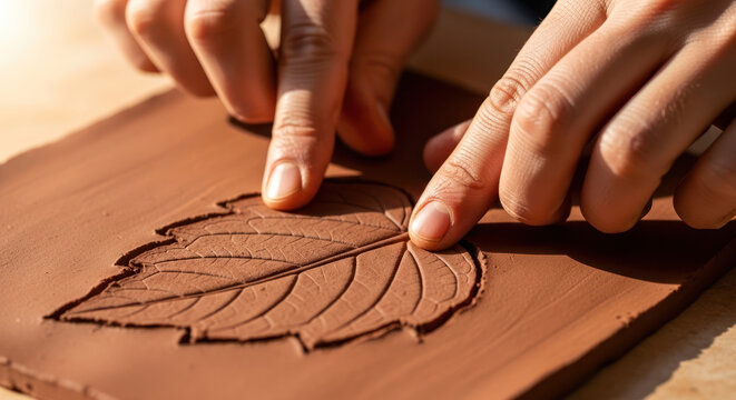 Hands Carving Leaf Design in Clay.