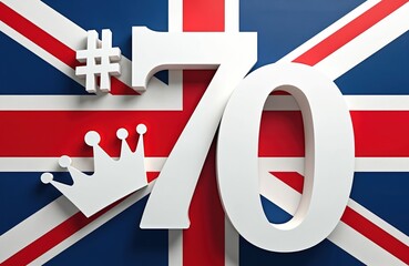 Obraz premium White number 70 and crown symbol rest on Union Jack flag. Hashtag sign also present, symbolizing anniversary event. Royal jubilee celebration background concept.